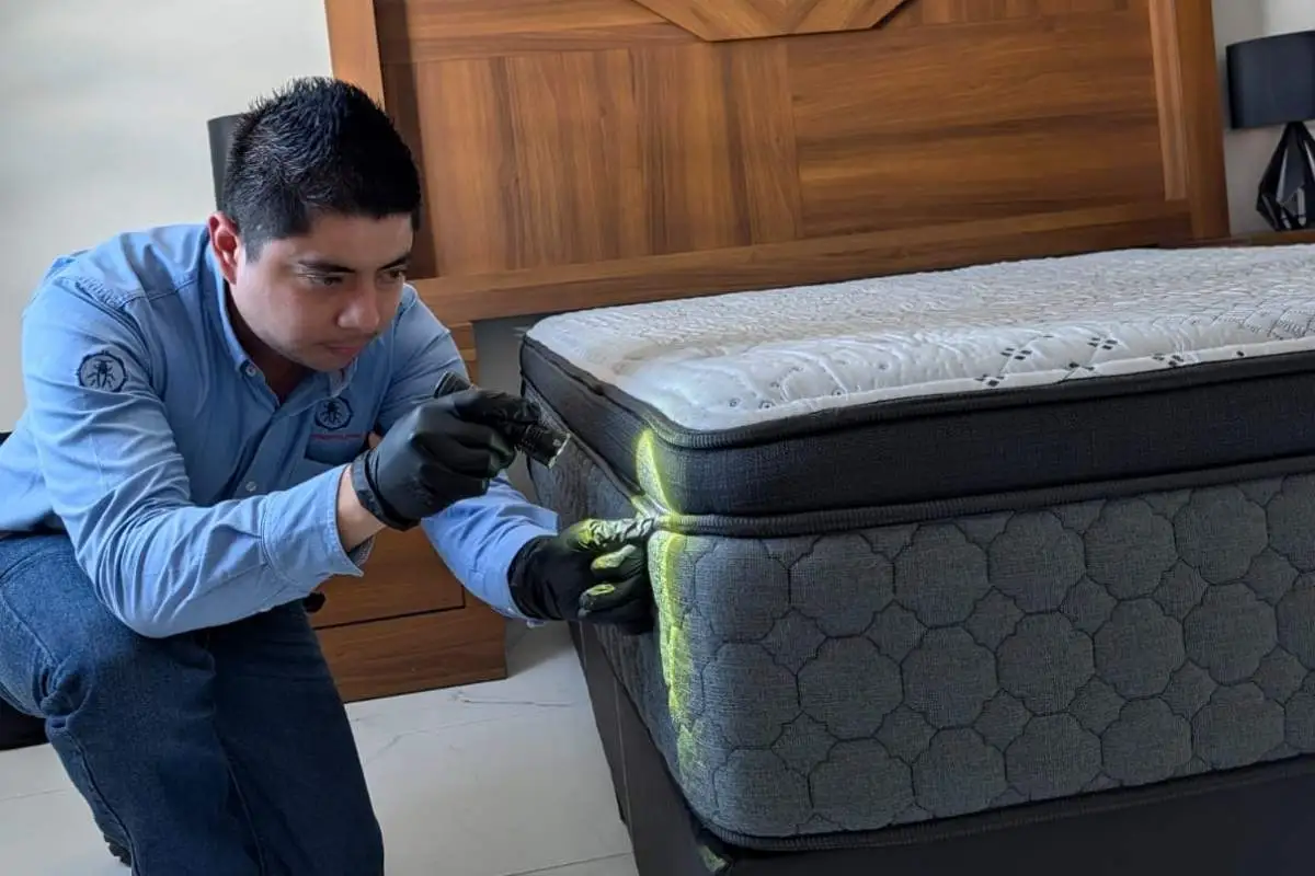 Técnico de Fumigaciones Metropolitan realizando inspección minuciosa de colchón buscando chinches